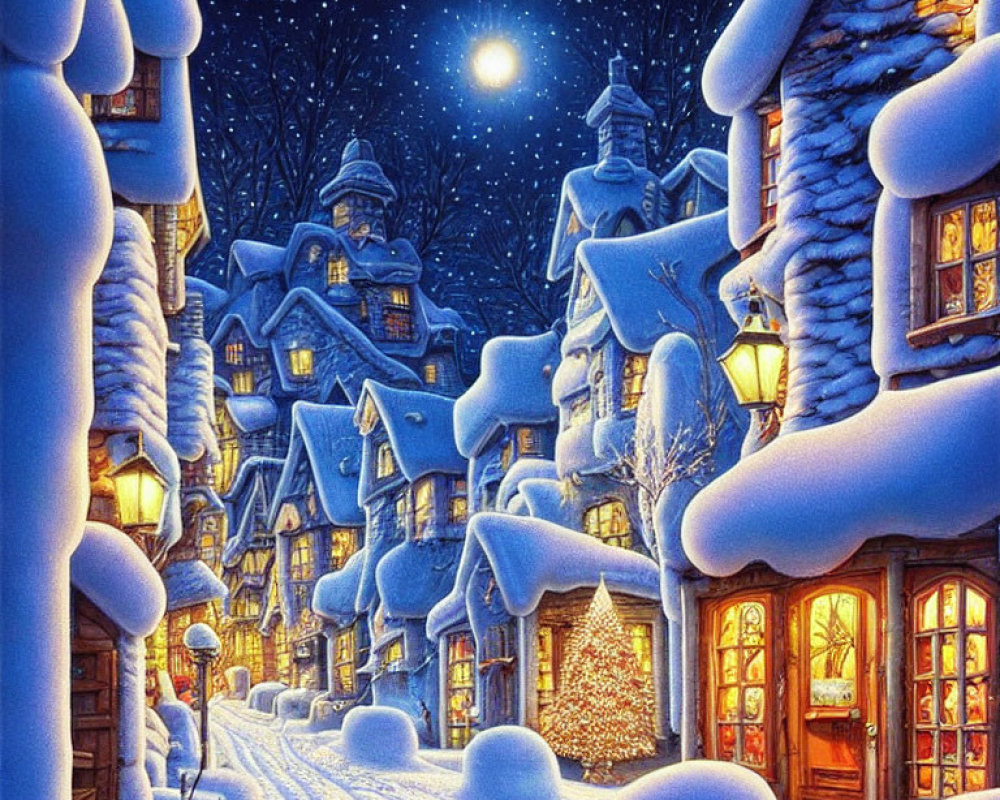 Snow-covered cottages in a starlit winter village scene