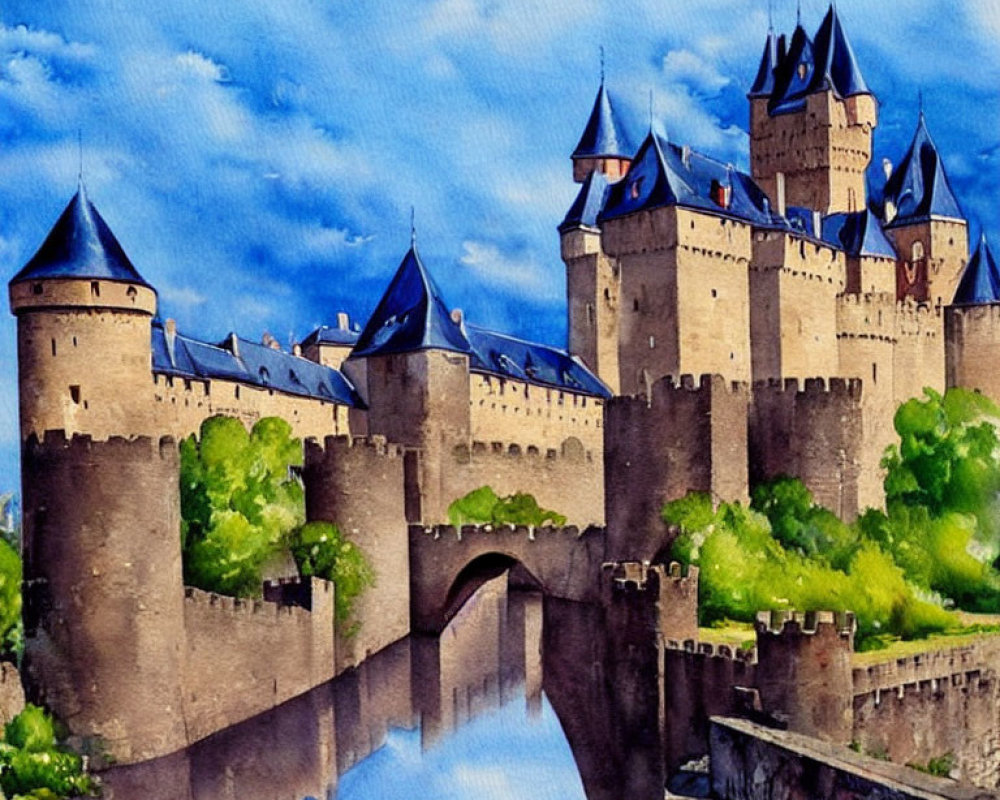 Medieval castle watercolor painting with towers and moat against blue sky