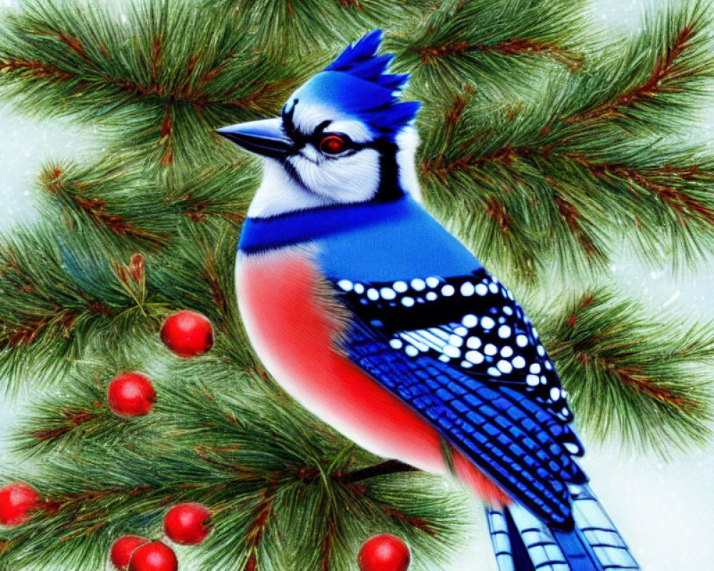 Colorful Blue Jay on Snowy Pine Branches with Red Berries