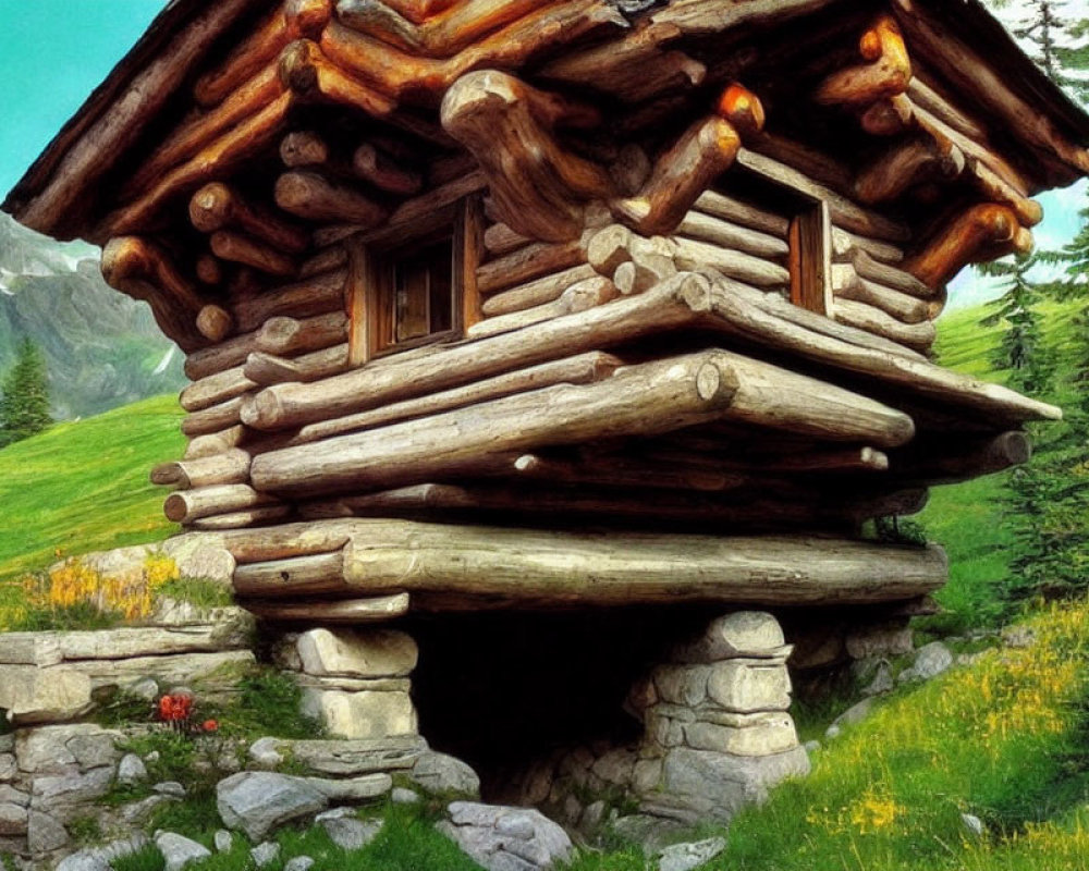 Rustic log cabin in lush meadow with mountain backdrop