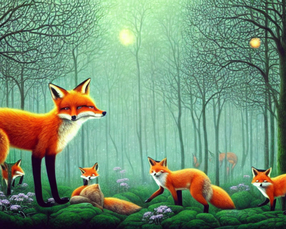 Mystical forest illustration with foxes under a greenish sky