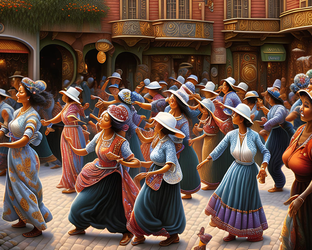 Traditional attire animated characters joyously dancing in colorful street