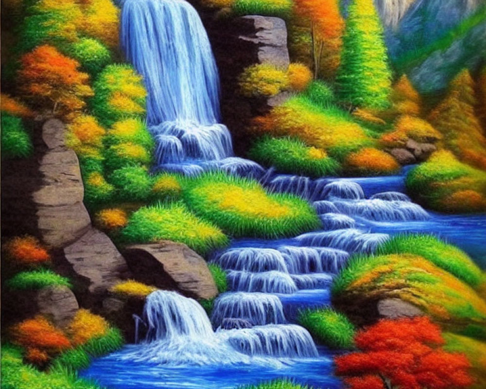 Colorful Autumn Waterfall Painting with Rock Formations