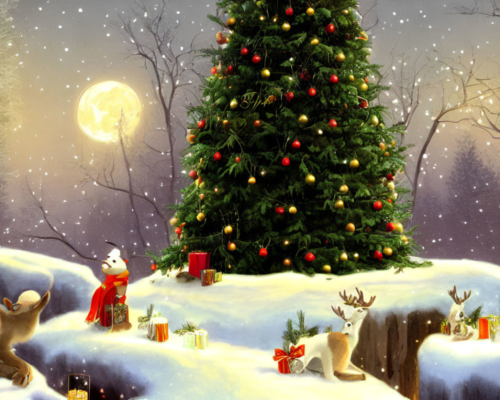 Winter Wonderland: Christmas tree, animals, and gifts in snowy night scene