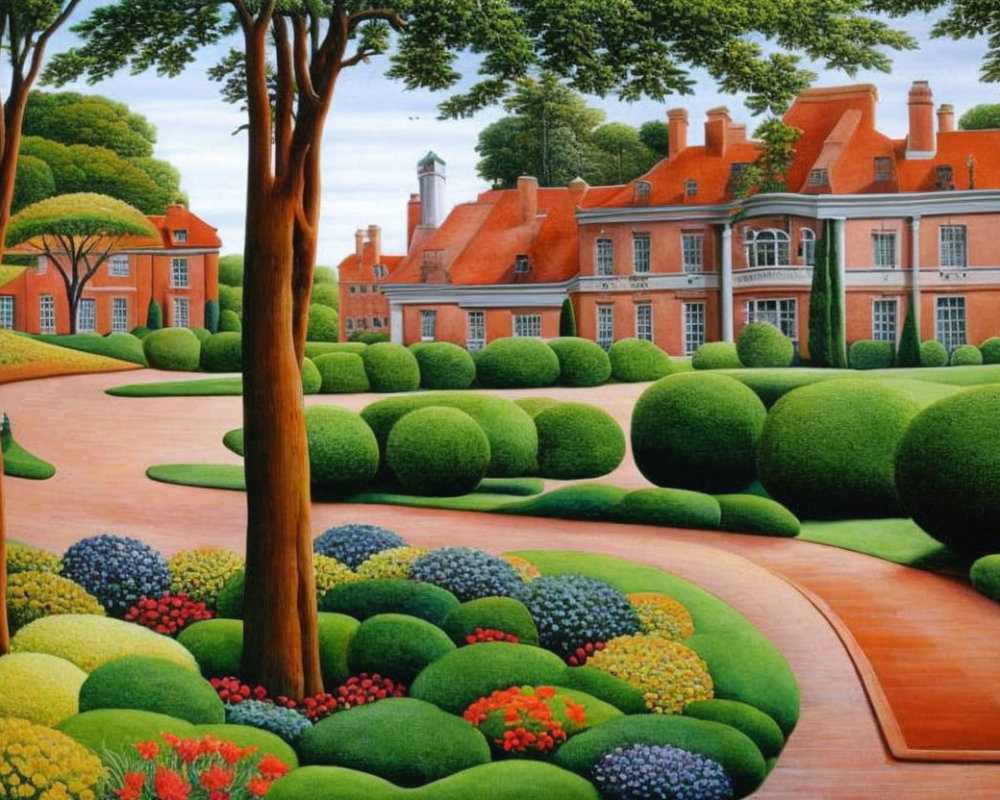 Vibrant painting of formal garden with red-brick mansion