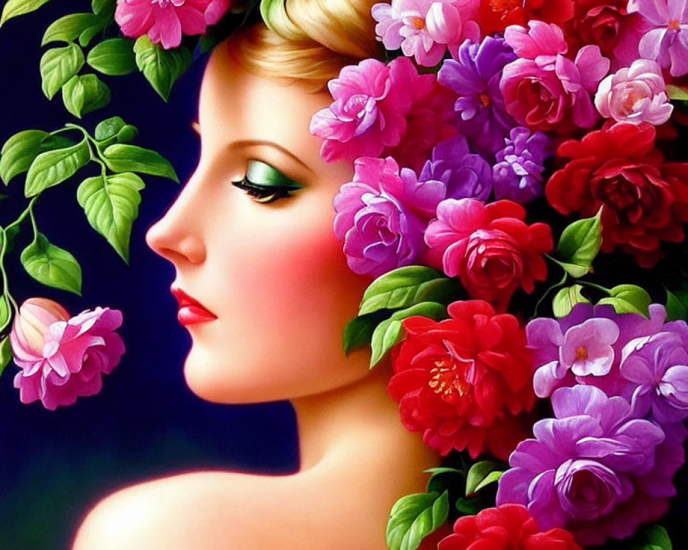 Blonde Woman Portrait with Pink and Red Flowers on Dark Background