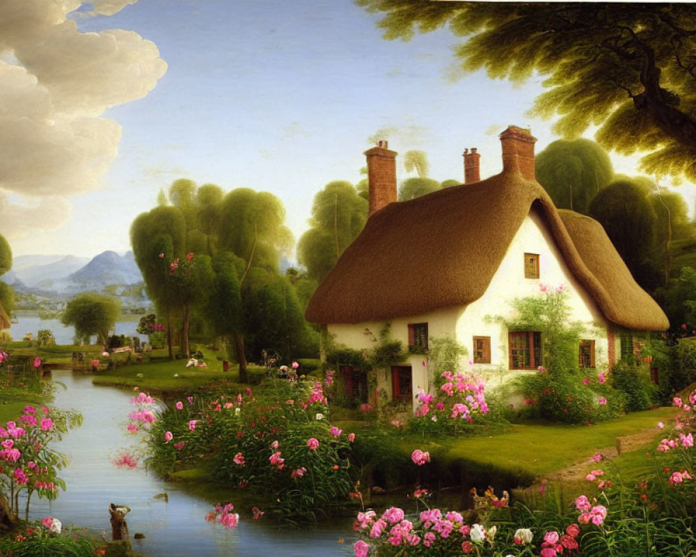 Thatched cottage by river with mountains and flowers