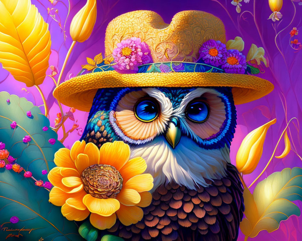 Vibrant Owl Illustration with Blue Eyes and Yellow Hat on Purple Background