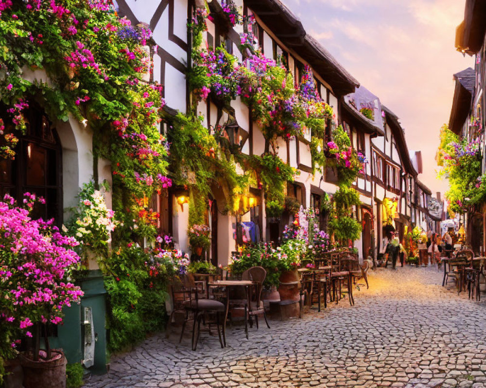 Charming cobblestone street with half-timbered buildings and outdoor cafe seating at twilight