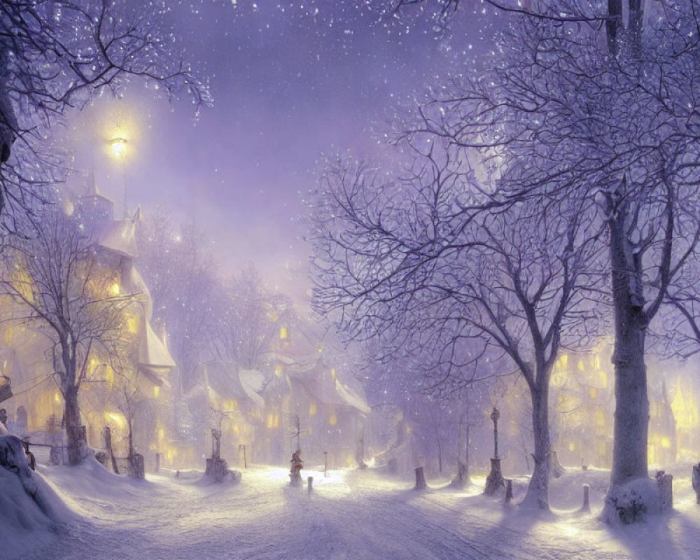 Snowy twilight village scene with bare trees, glowing street lamps, and falling snowflakes.