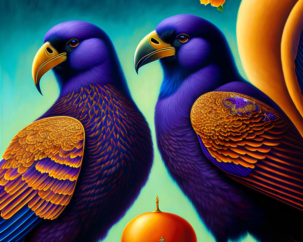 Vibrant Blue and Gold Birds with Ornate Bauble and Fruits