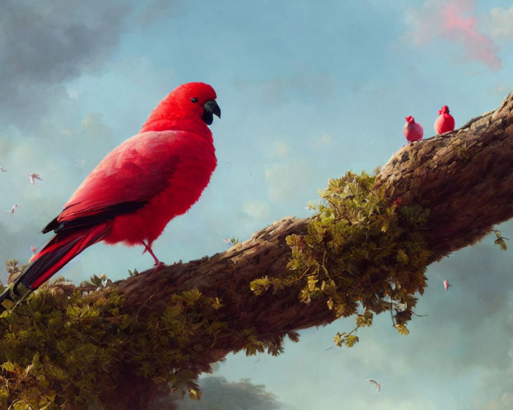 Vibrant red parrot with two smaller versions on tree branch under cloudy sky