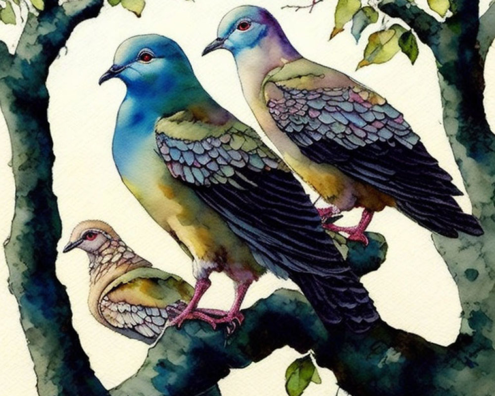 Colorful Birds Perching on Branch in Watercolor Style