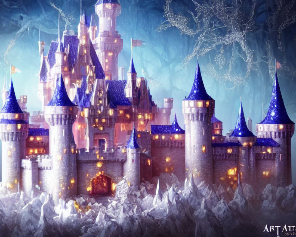 Enchanting castle in winter landscape with illuminated towers and spires