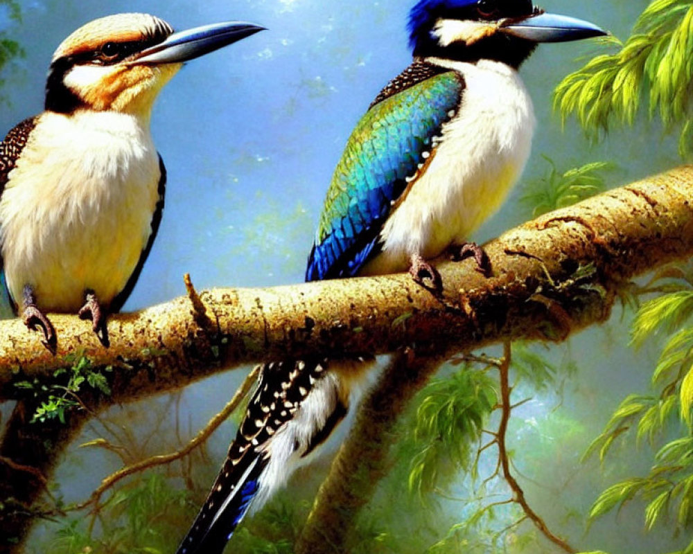 Vibrant kingfishers on branch with green foliage background