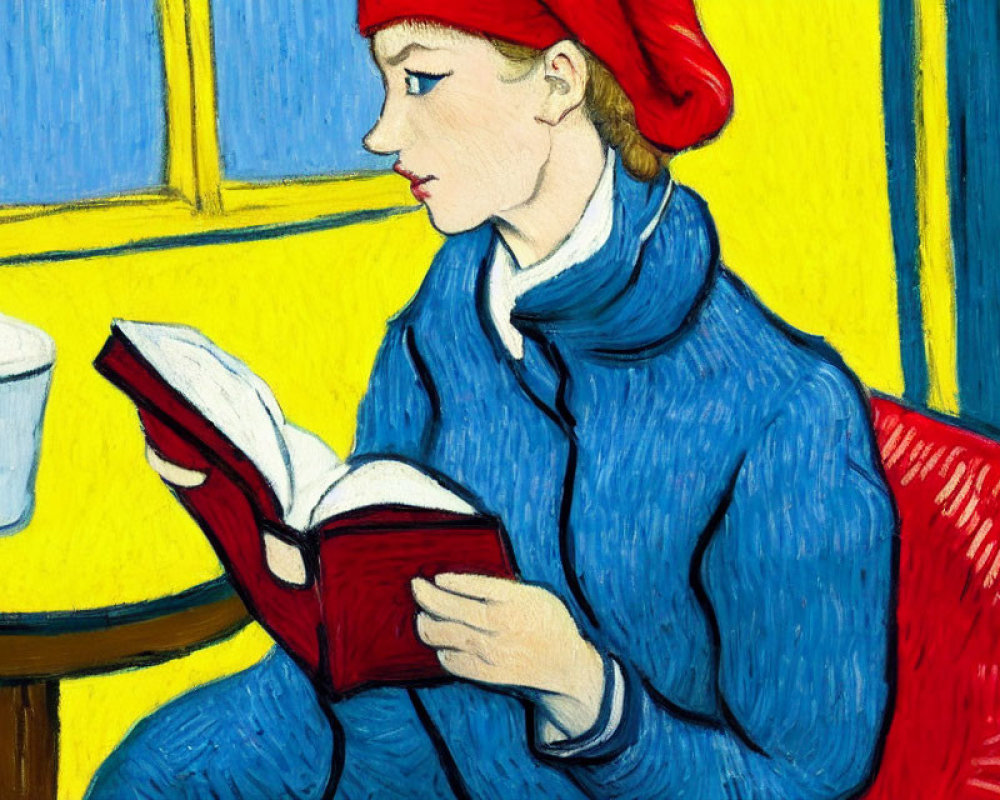 Person in Blue Coat and Red Hat Reading Book with Cup on Table