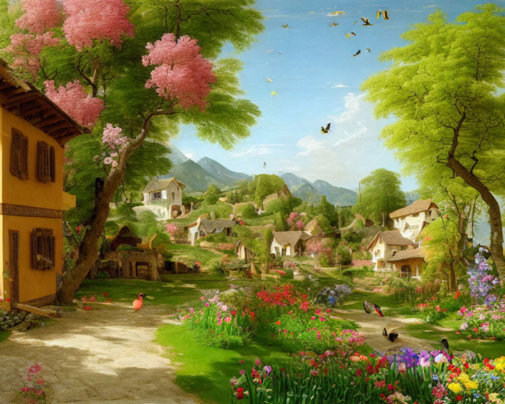 Scenic village with greenery, flowers, trees, and birds in flight