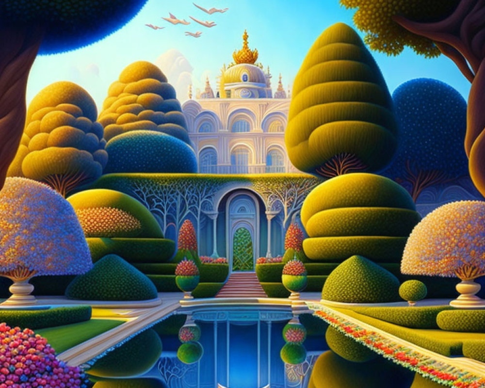 Surreal landscape with rounded trees, reflective pond, and palace in clear blue sky