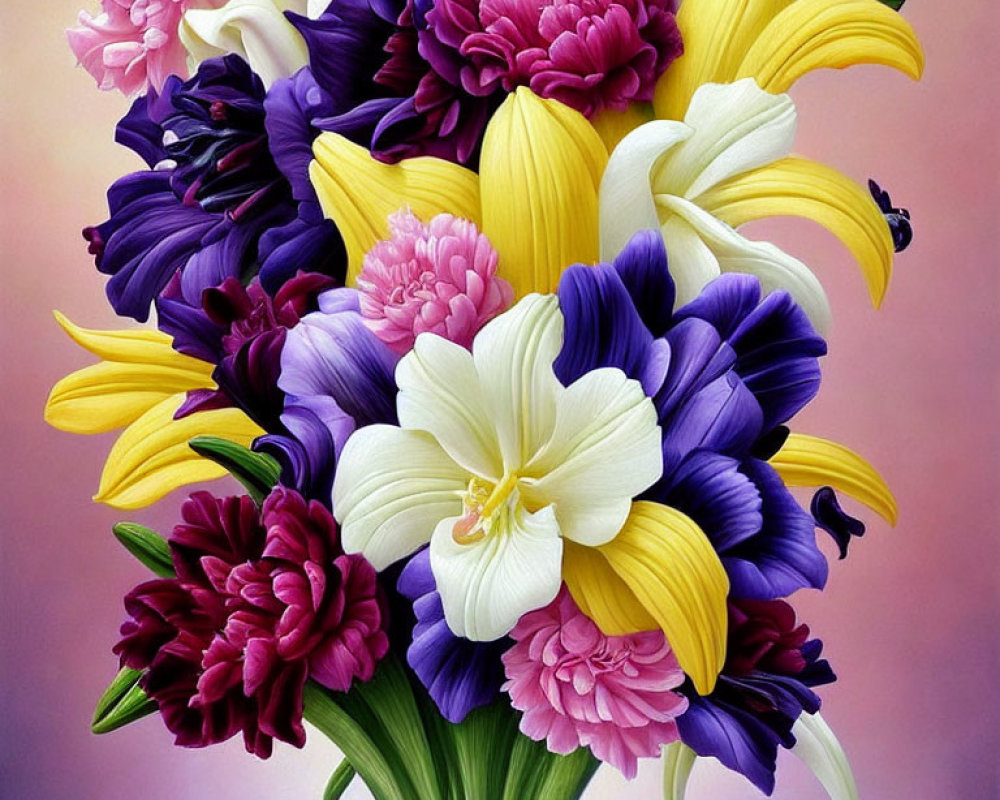 Colorful Flower Bouquet with Yellow Lilies, Purple Irises, and Pink Blooms on Past