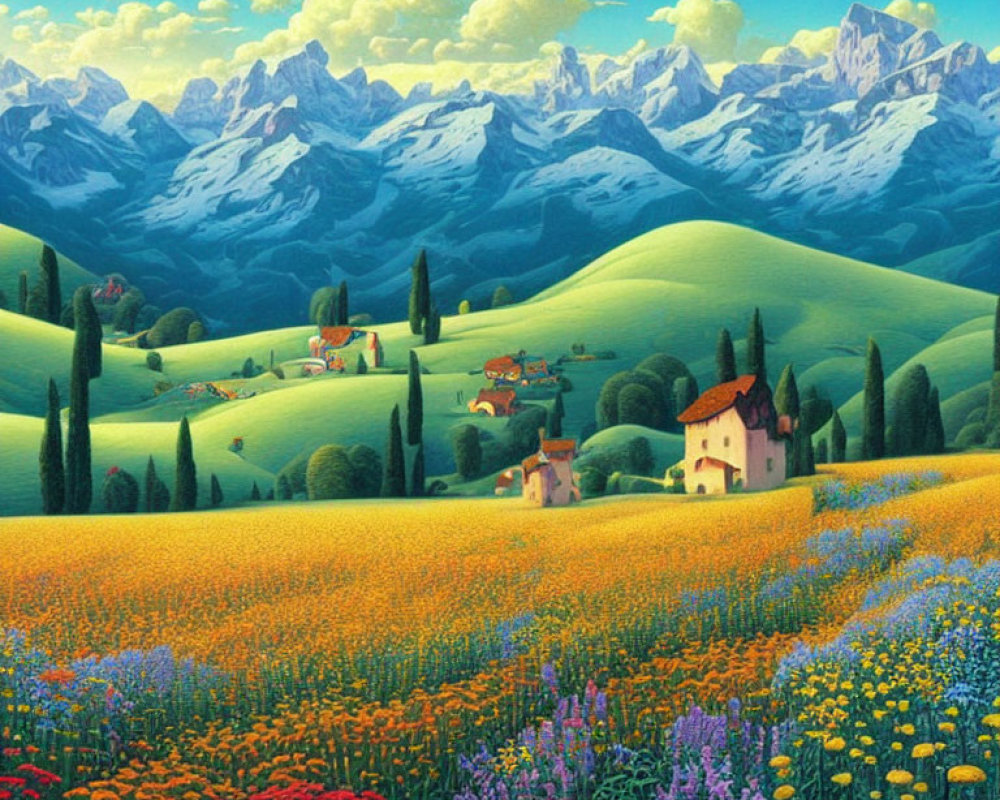 Scenic painting of colorful countryside with flower fields and snow-capped mountains