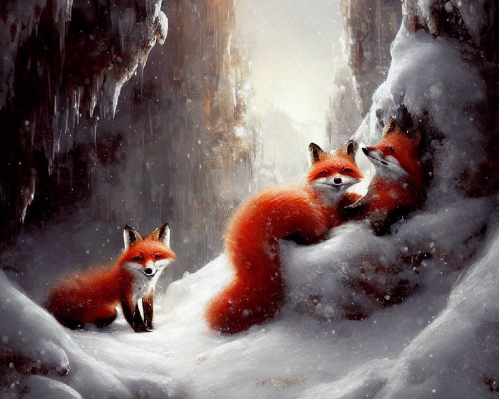 Red foxes in snowy cavern with icicles under soft light and falling snow