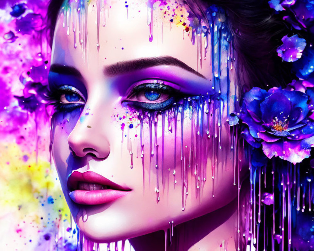 Colorful digital artwork: Woman's face with purple and blue flowers and dripping paint