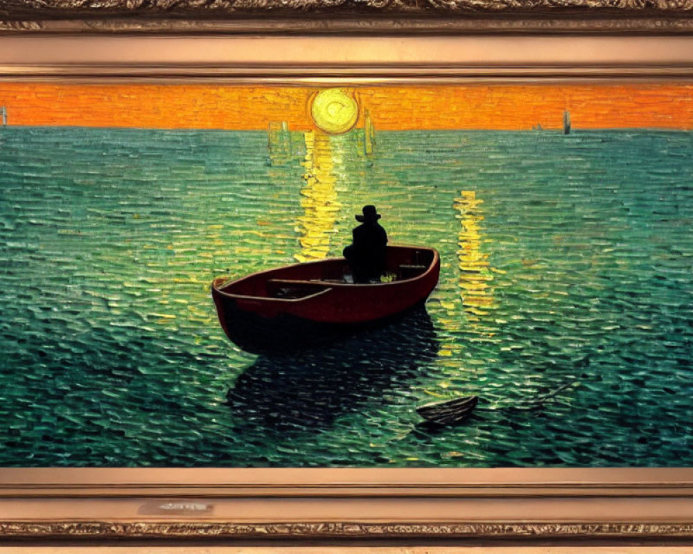 Solitary figure in red boat on shimmering water at sunset or sunrise