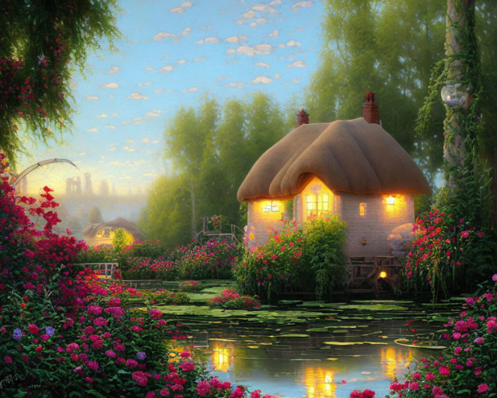 Thatched Cottage Surrounded by Gardens and Pond at Twilight