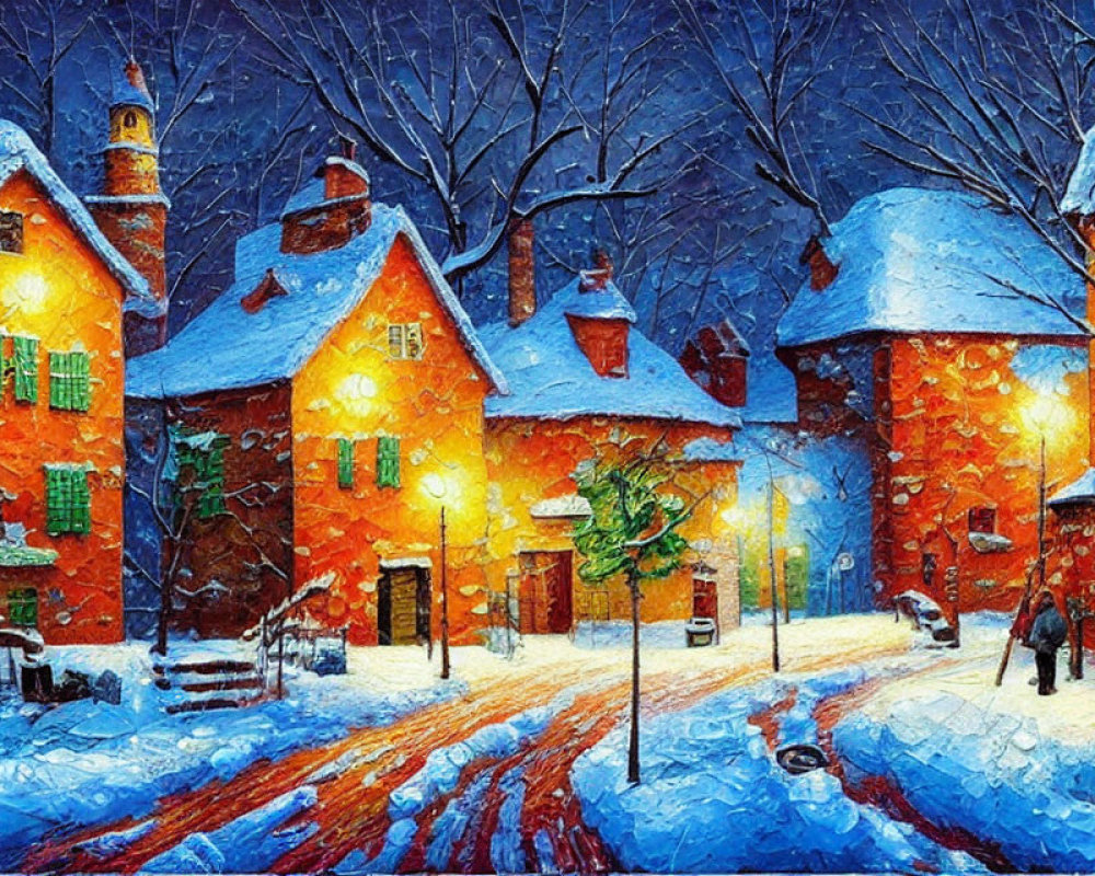 Snow-covered village street at night with glowing windows