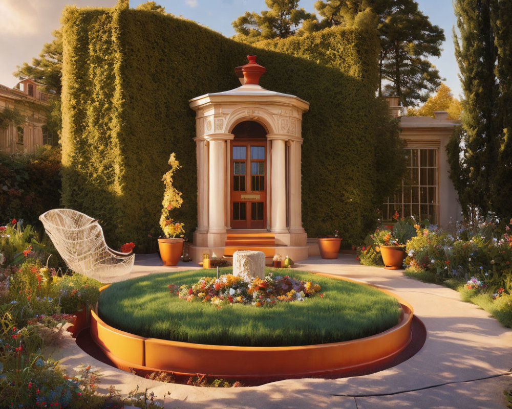 Classic White Gazebo in Tranquil Garden with Blooming Flowers