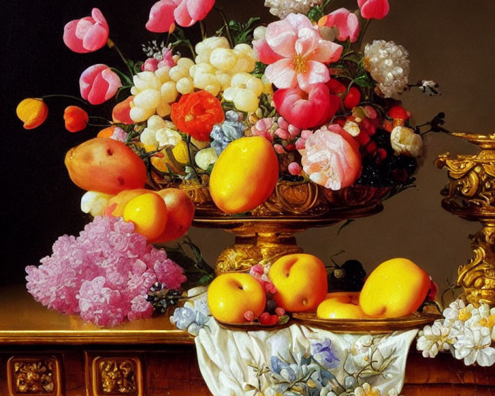 Colorful still life painting with bowl of flowers and fruits, draped cloth, and candlestick