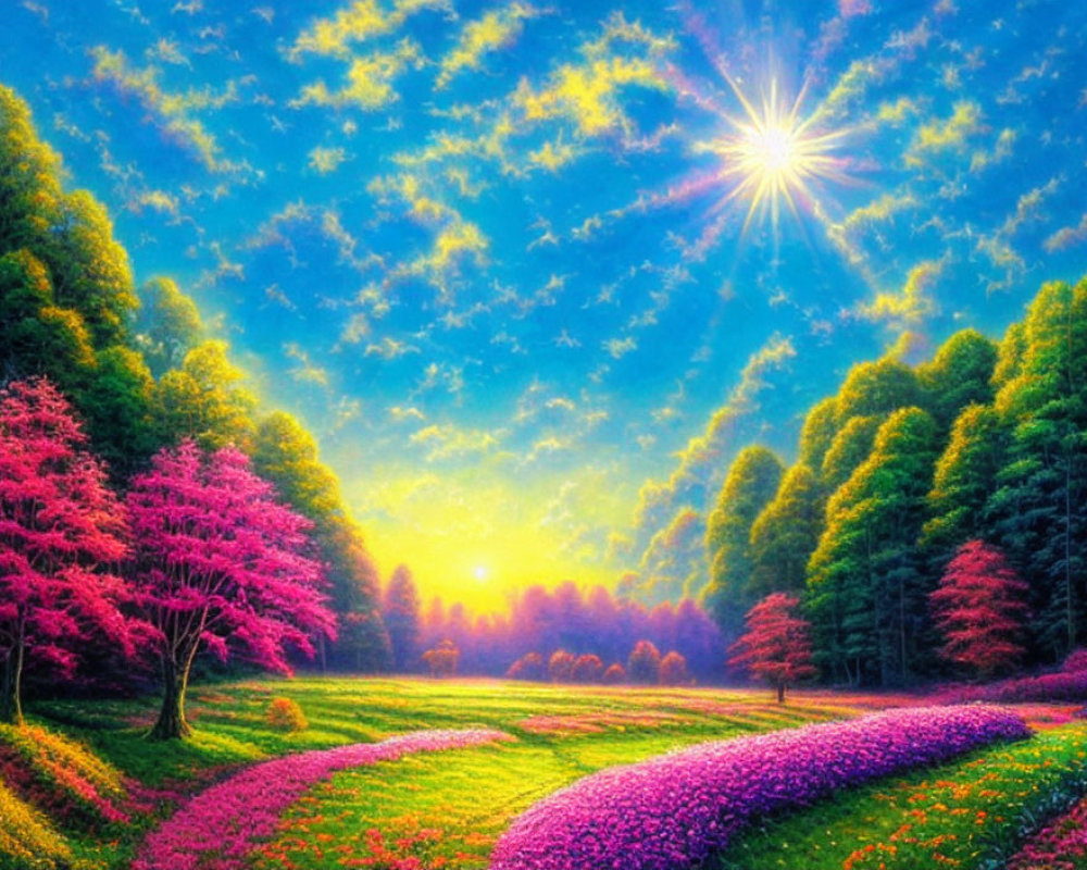 Colorful landscape with pink trees, purple flowers, winding path, greenery, sun, and blue