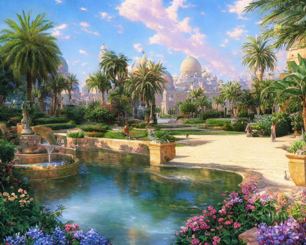 Tranquil garden with lush greenery, flowers, palm trees, pond, and domed buildings