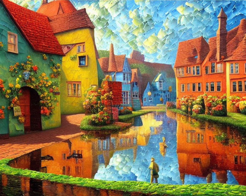 Vibrant village painting with colorful houses and reflective canal