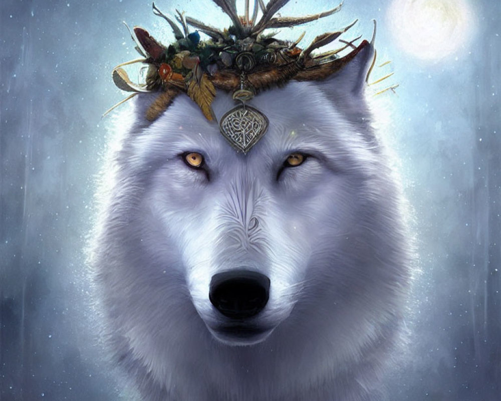 White Wolf with Crown of Twigs and Feathers in Celestial Setting