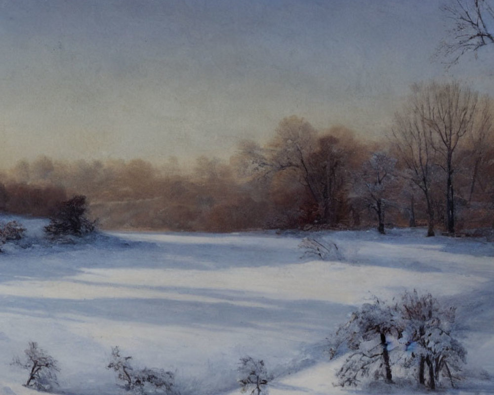 Snow-covered winter landscape with bare trees and soft glowing light