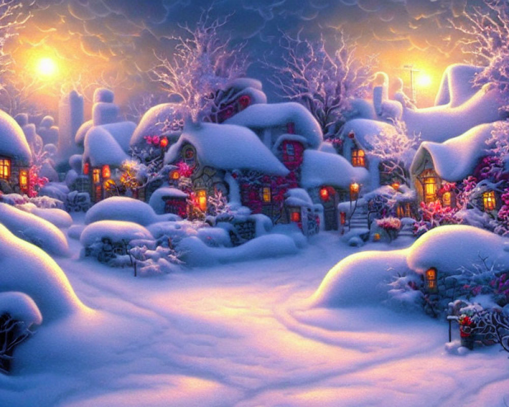 Snow-covered village twilight scene with glowing windows and lanterns