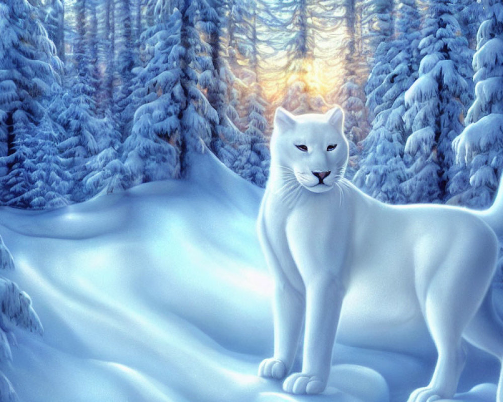 White lion in snow-covered forest at sunset