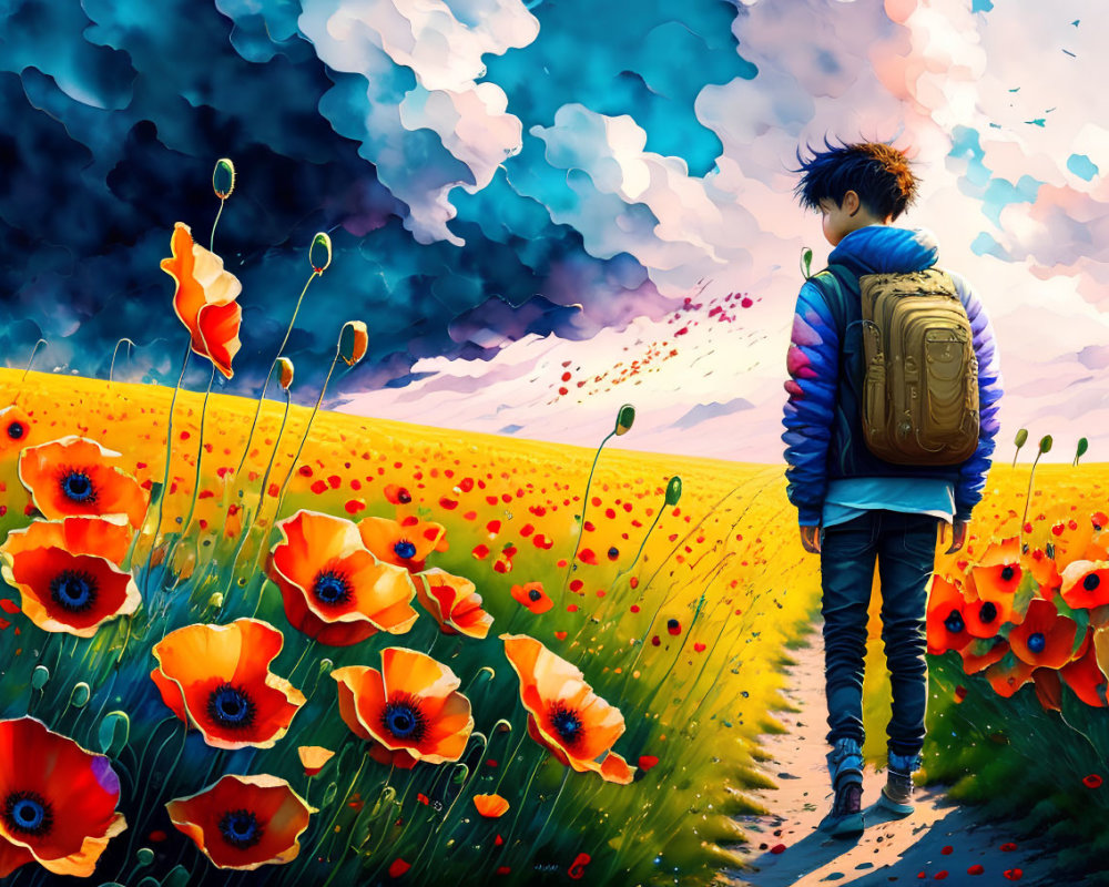 Person walking through vibrant field of red poppies under dramatic sky