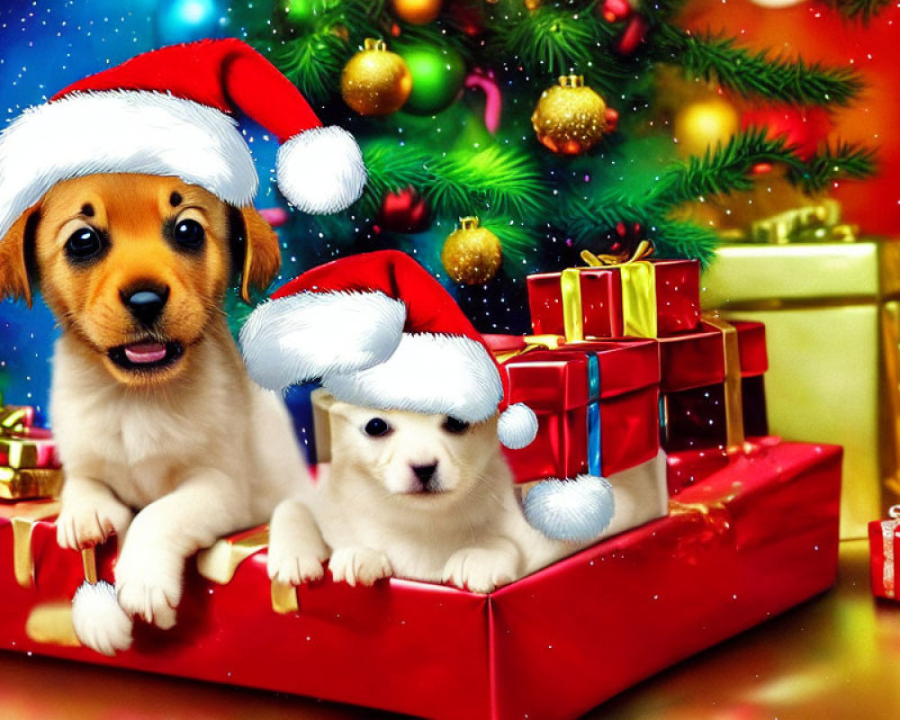 Two Santa hat-wearing puppies with Christmas gifts and tree.