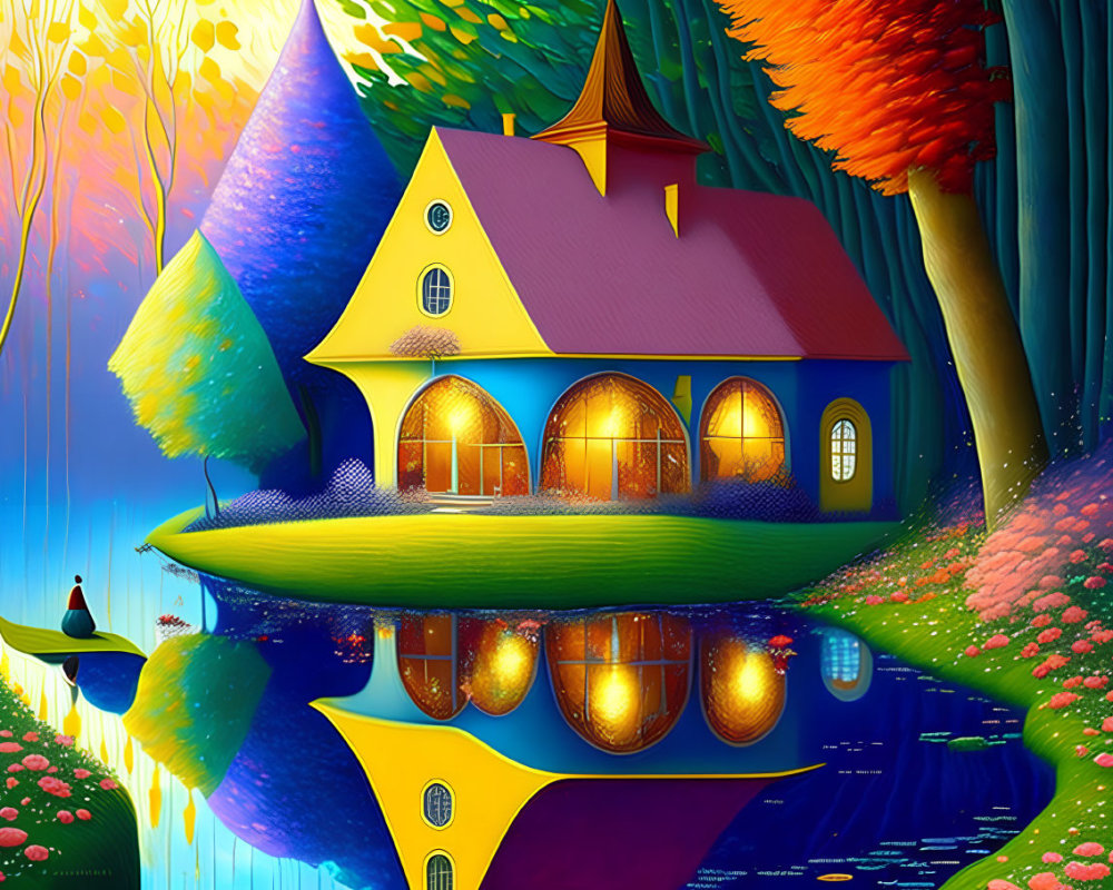 Colorful whimsical house with pointed roof in serene landscape