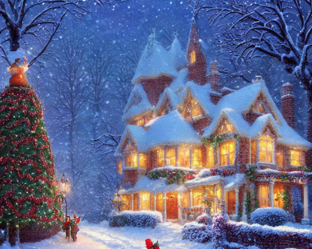 Snow-covered house with Christmas decorations in winter scene