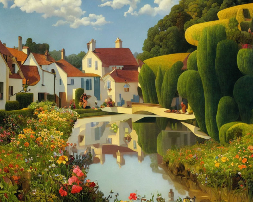 Tranquil village scene with gardens, river, and residents on a sunny day