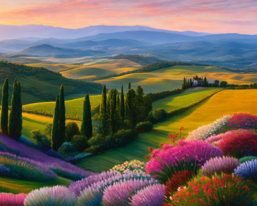 Vibrant wildflowers and cypress trees in colorful sunrise landscape