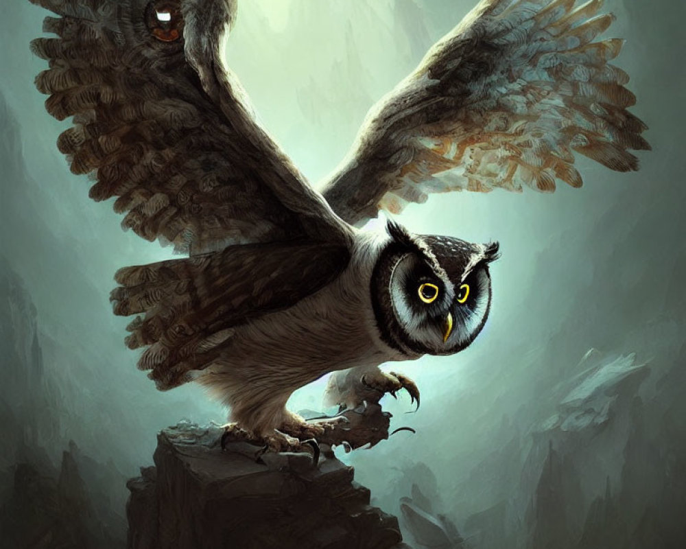 Majestic owl perched on cliff with expressive eyes and mysterious creature's eye in background