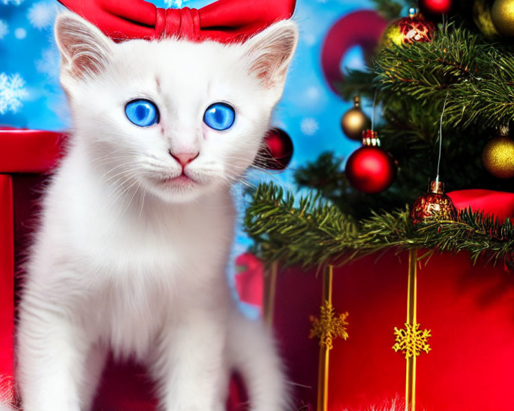 White Kitten with Blue Eyes and Red Bow by Christmas Tree