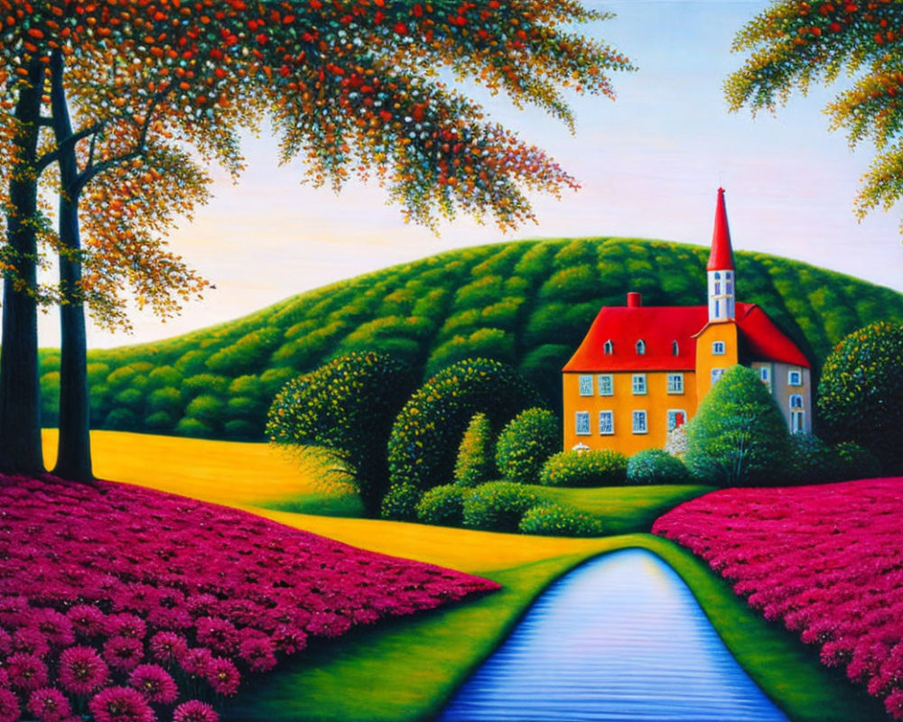 Colorful painting of red-roofed house in green hills with stream and pink flora