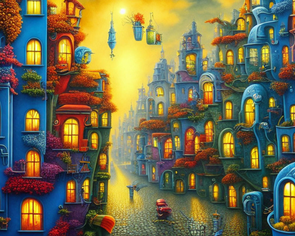 Vibrant, colorful town with cobblestone street and hanging lanterns