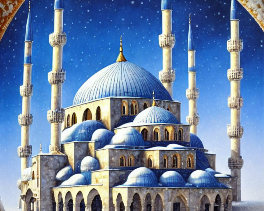 Mosque illustration with domes and minarets in snowy night scene