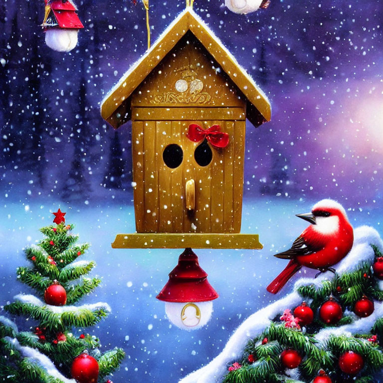 Festive birdhouse with snow, red bird, trees, lantern, night sky